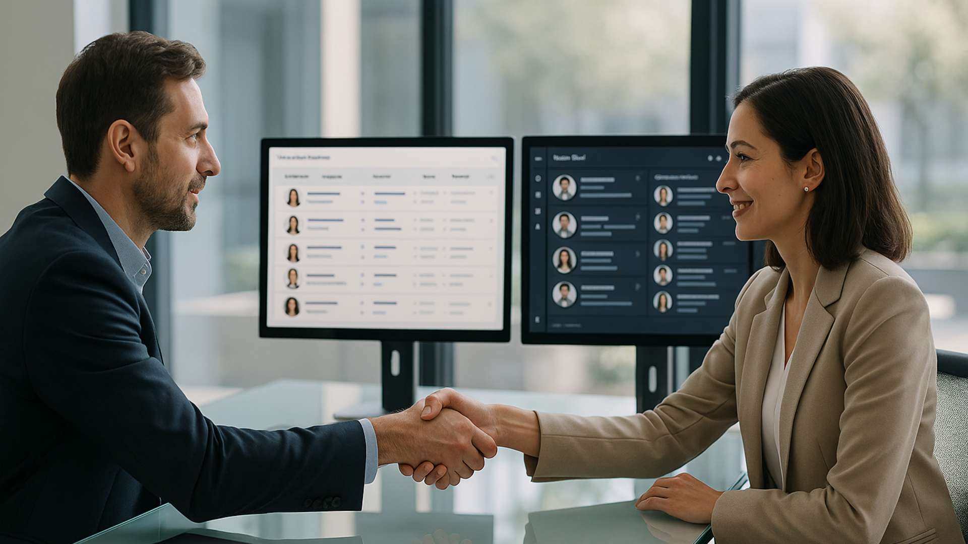 Deux professionnels se serrent la main dans un bureau moderne, avec en arrière-plan deux écrans affichant des interfaces de suivi de candidatures et de gestion de talents.